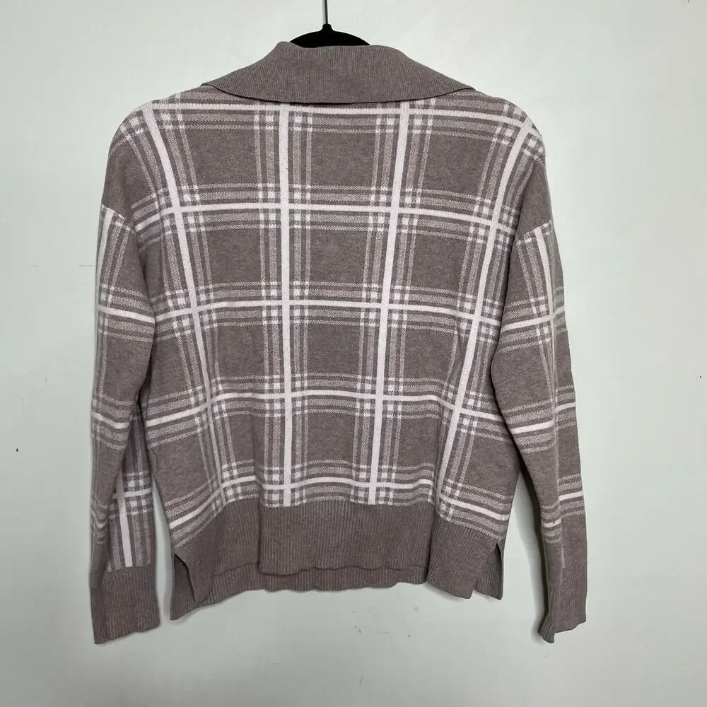 Max Studio Plaid Sweater Knitted Collared Pullover Long Sleeve Brown White M‎